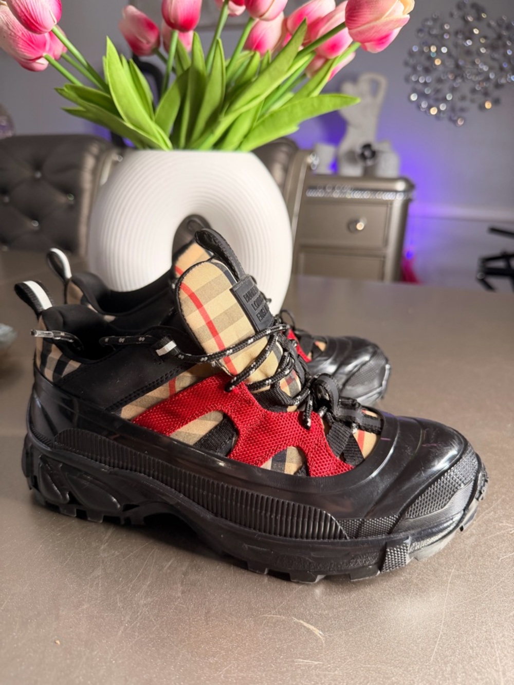 Burberry Kids Red & Beige Check Trail Sneakers - Picture 3 of 7